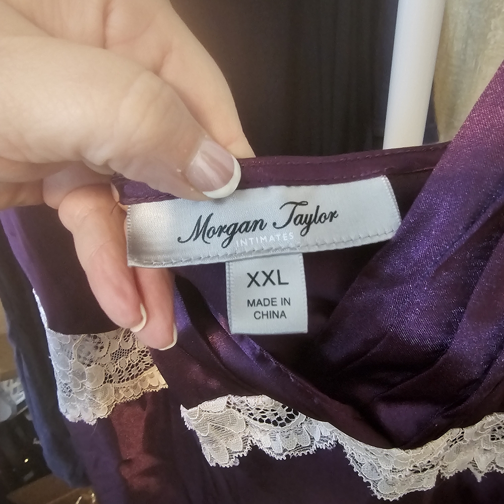 Morgan Taylor Purple Satin Chemise with Cream Lace Trim - Picture 2 of 4
